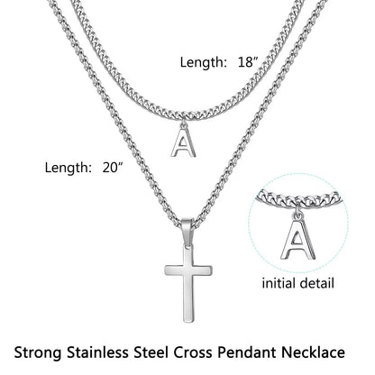 Layered Cross Necklace for Men Stainless Steel Chain Cross Initial Pendant Necklace Cuban Link Chain Necklaces for Men Women Fathers Day Gifts