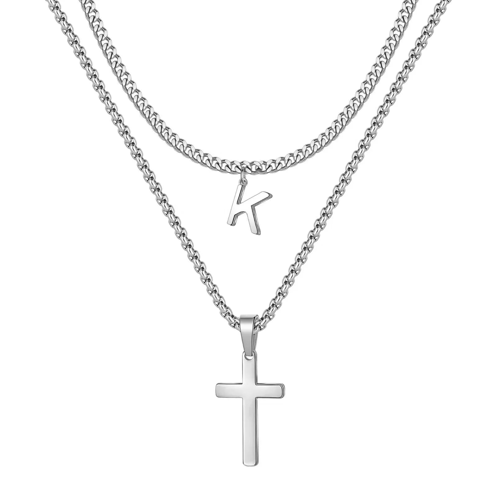 Layered Cross Necklace for Men Stainless Steel Chain Cross Initial Pendant Necklace Cuban Link Chain Necklaces for Men Women Fathers Day Gifts