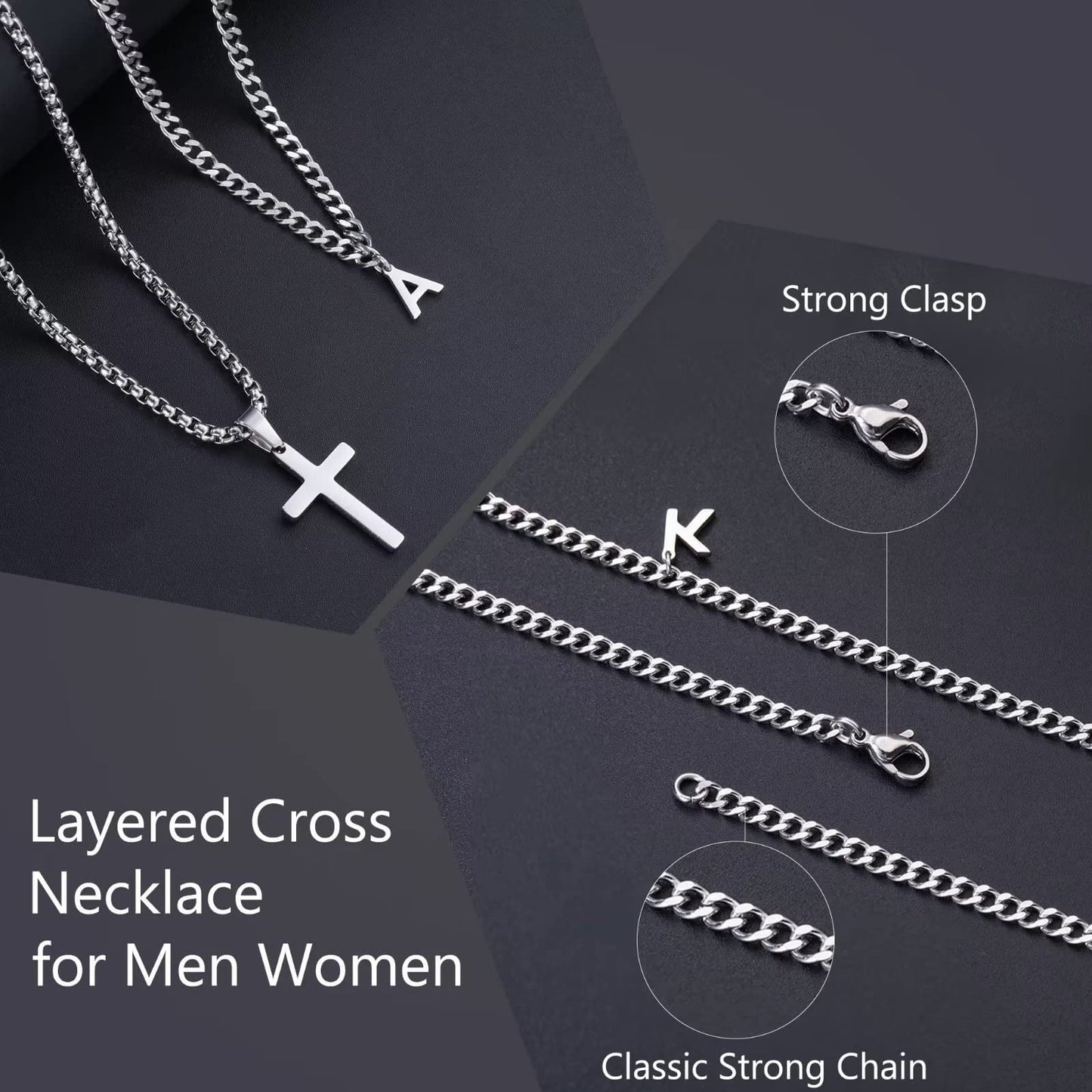 Layered Cross Necklace for Men Stainless Steel Chain Cross Initial Pendant Necklace Cuban Link Chain Necklaces for Men Women Fathers Day Gifts