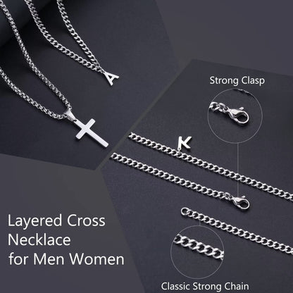 Layered Cross Necklace for Men Stainless Steel Chain Cross Initial Pendant Necklace Cuban Link Chain Necklaces for Men Women Fathers Day Gifts